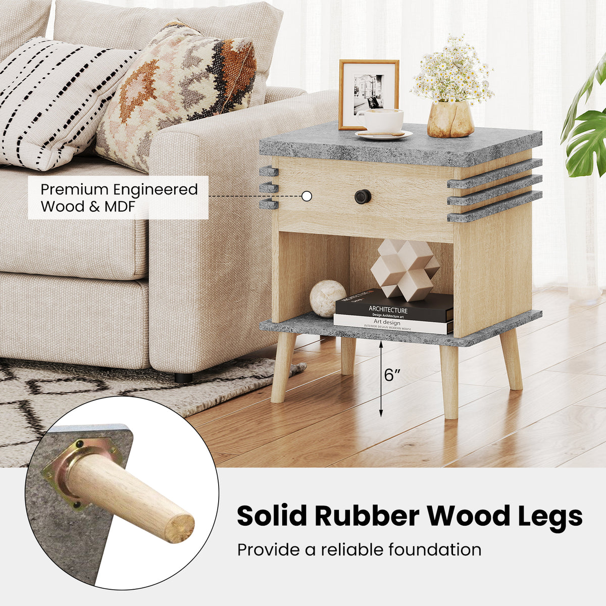 3-Tier Bedside Table Nightstand with Antique Grey Faux Marble Top