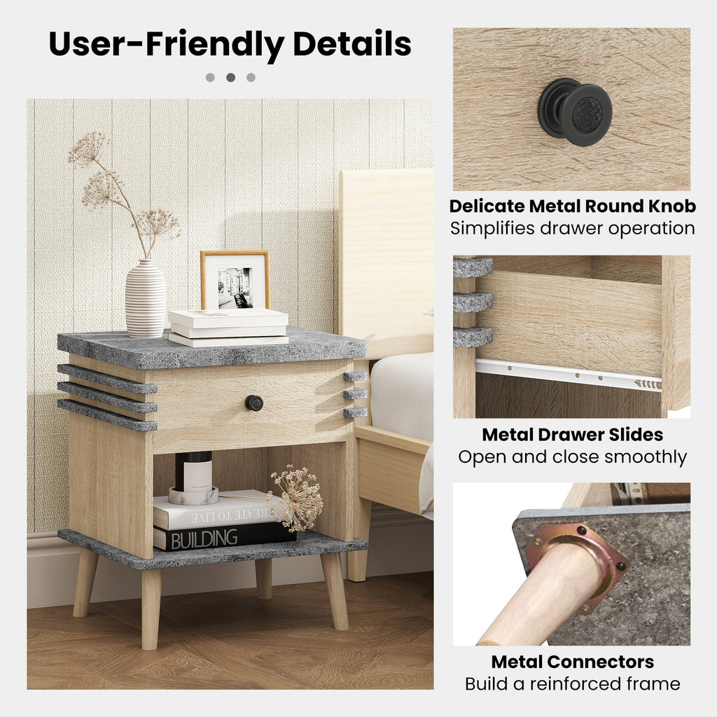 3-Tier Bedside Table Nightstand with Antique Grey Faux Marble Top