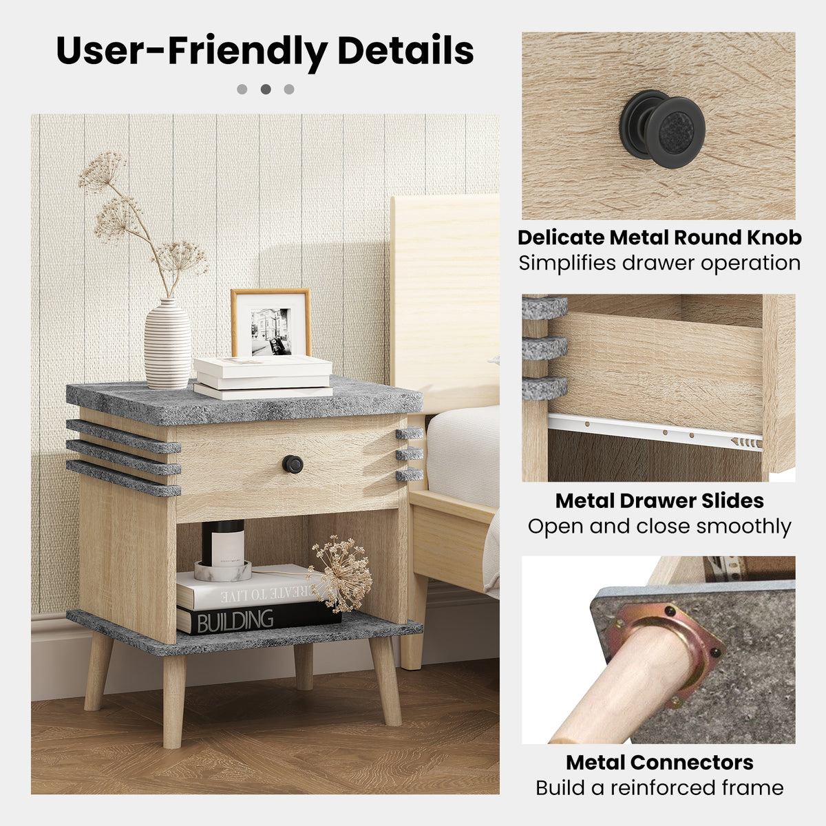 3-Tier Bedside Table Nightstand with Antique Grey Faux Marble Top