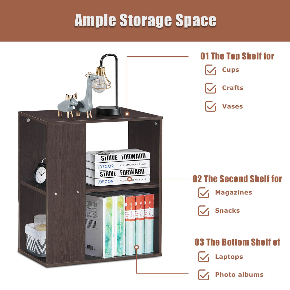 3-Tier End Table with Open Storage, Brown