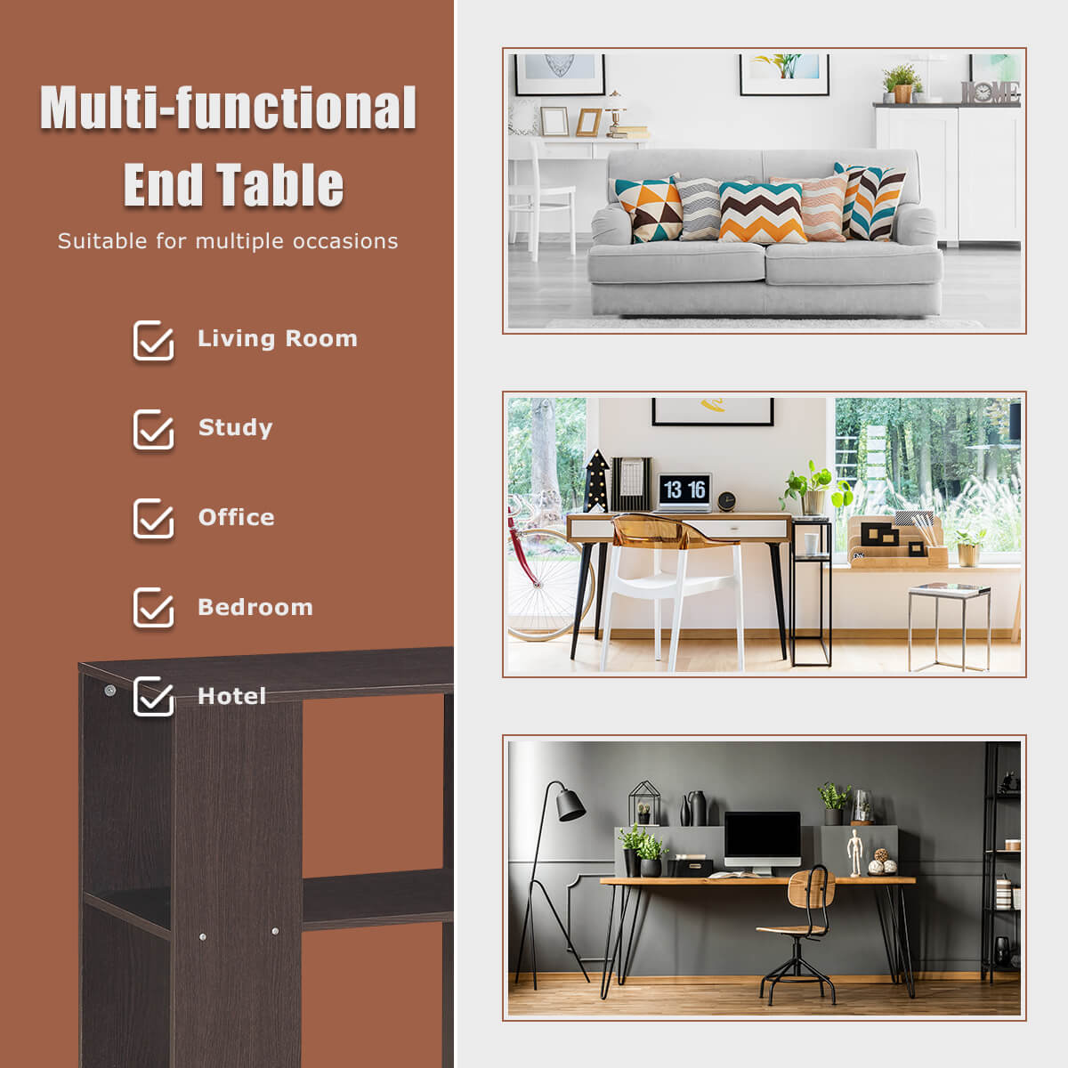 3-Tier End Table with Open Storage, Brown