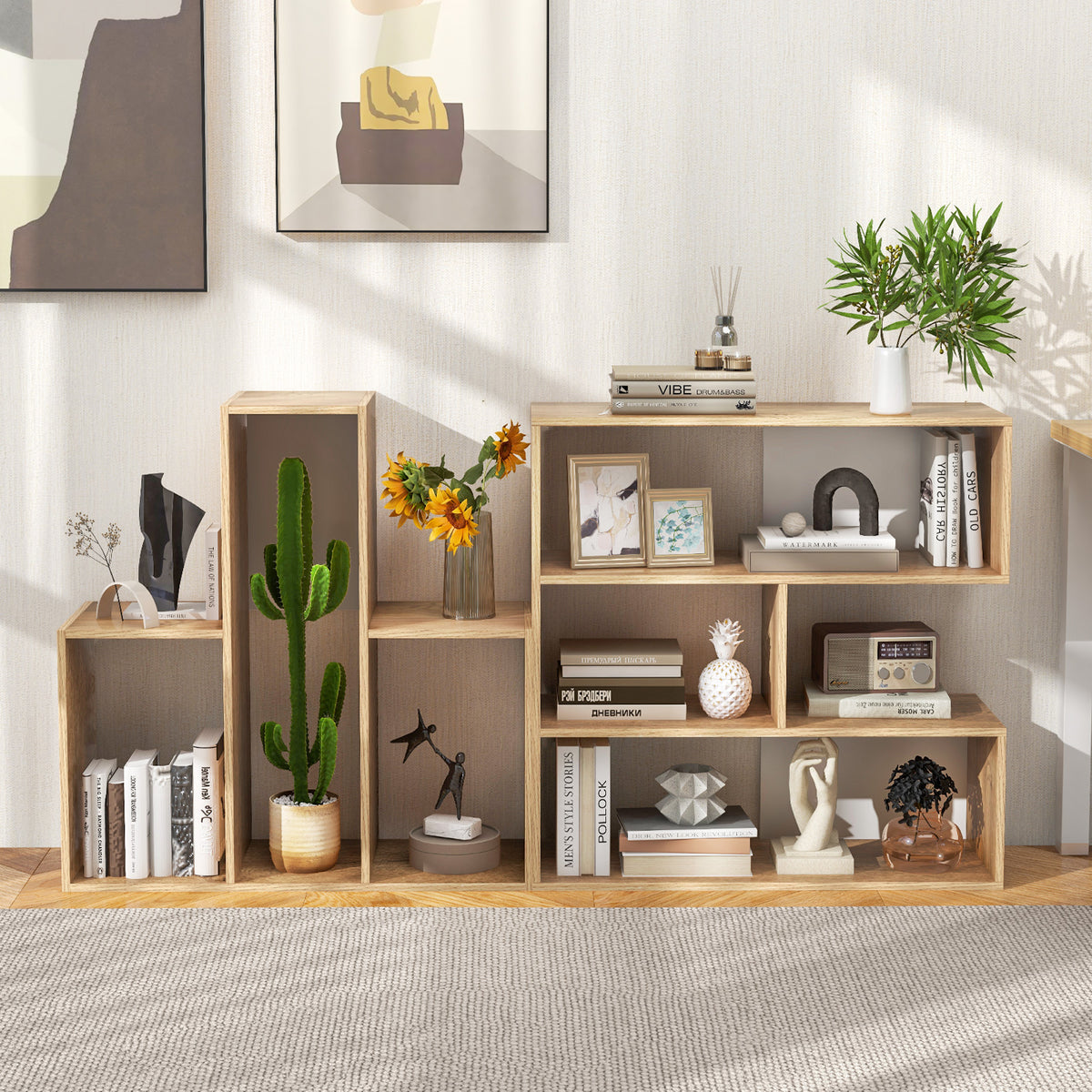 Concave Bookshelf 3-Shelf Open Bookcase with Anti-Toppling Device