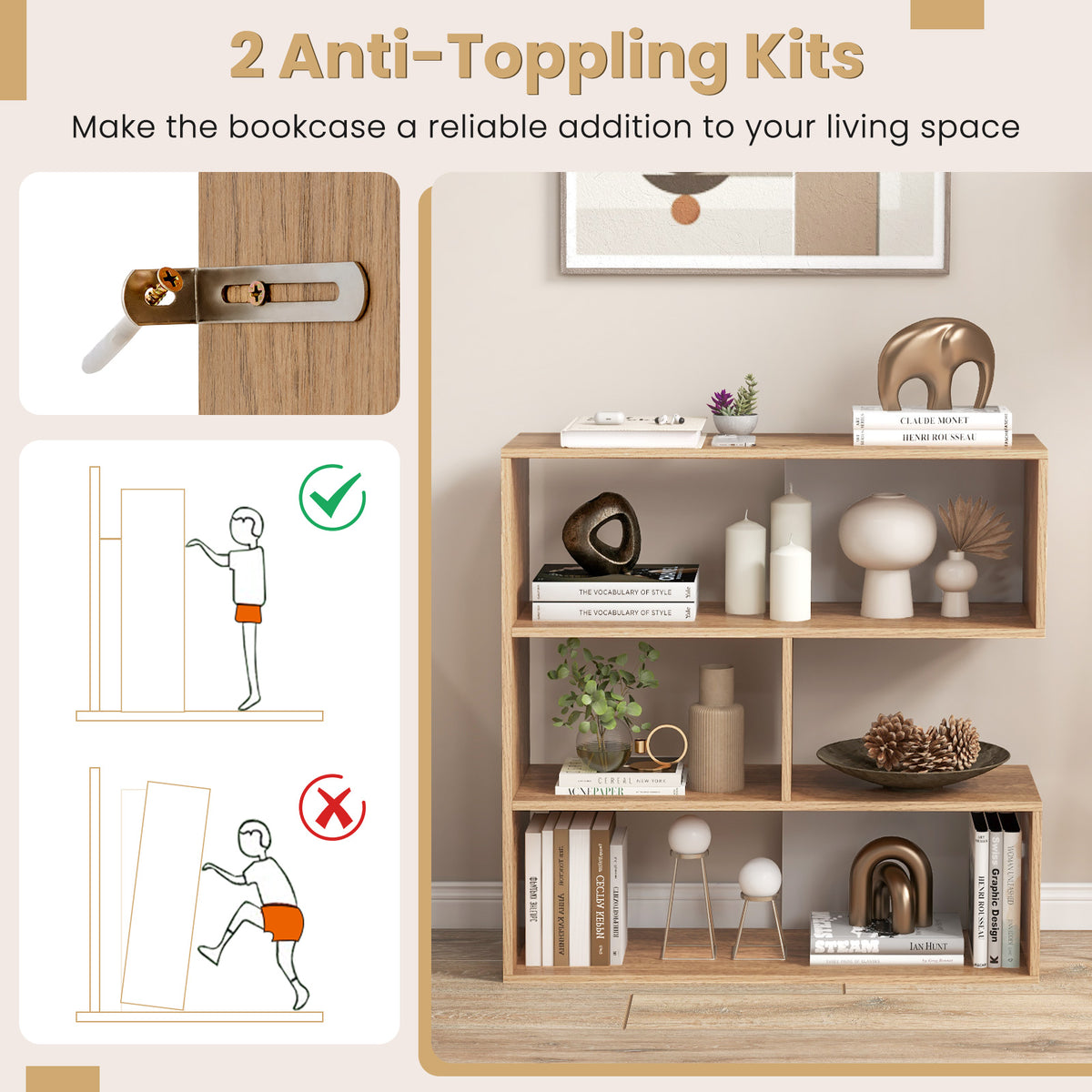 Concave Bookshelf 3-Shelf Open Bookcase with Anti-Toppling Device
