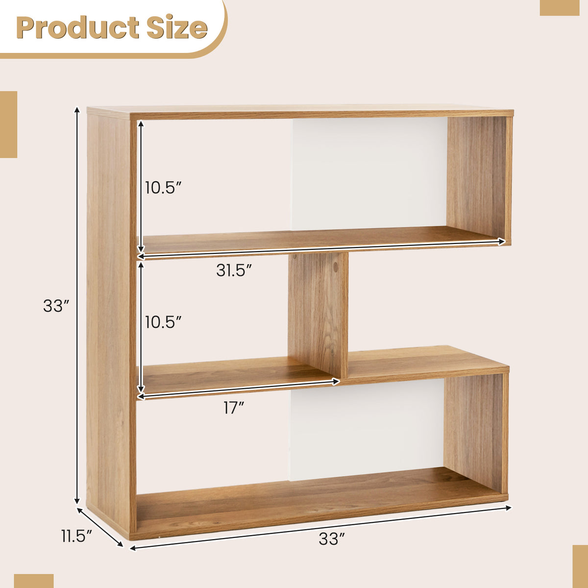 Concave Bookshelf 3-Shelf Open Bookcase with Anti-Toppling Device for