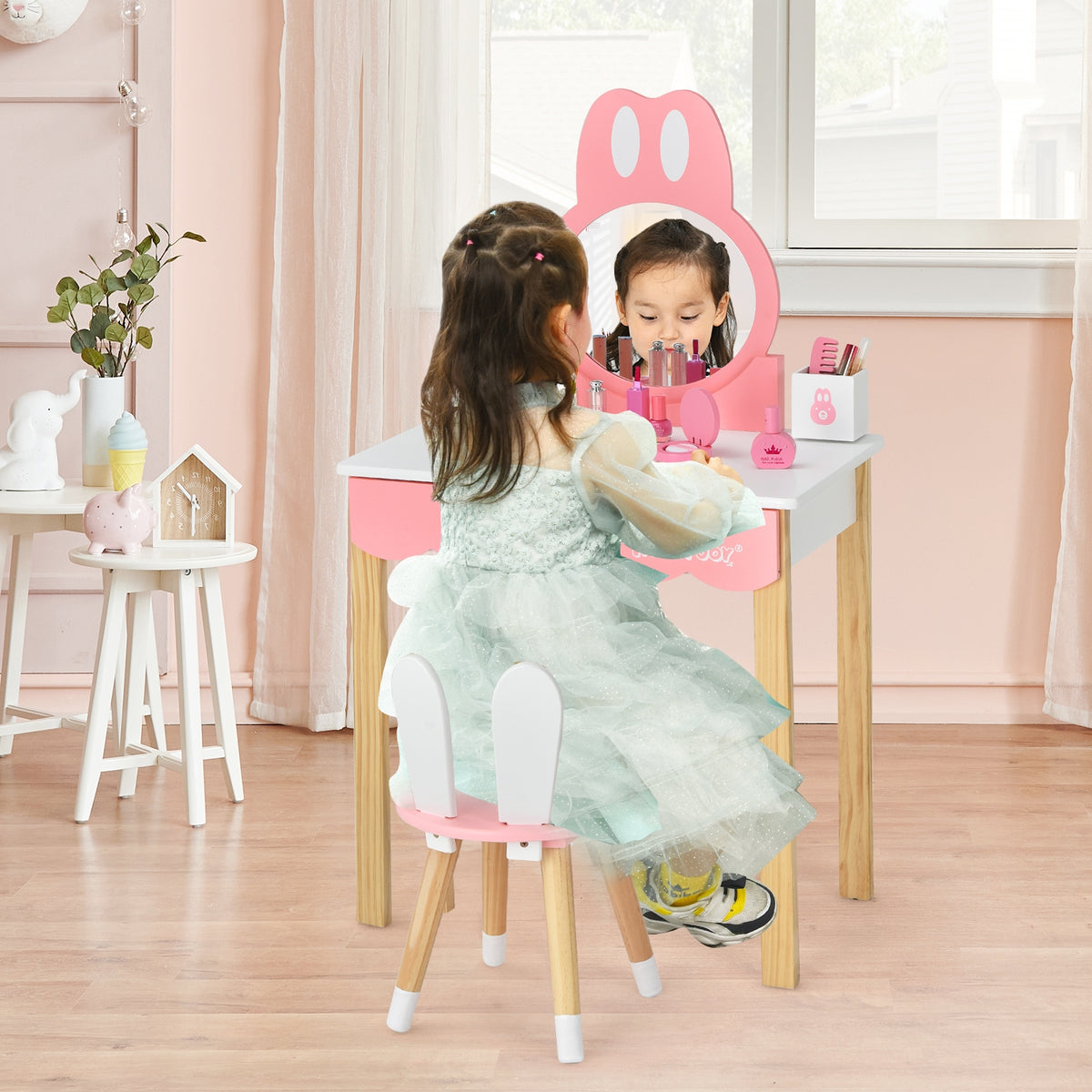 Kids Rabbit Vanity Table Chair Set with Mirror & Drawer - White