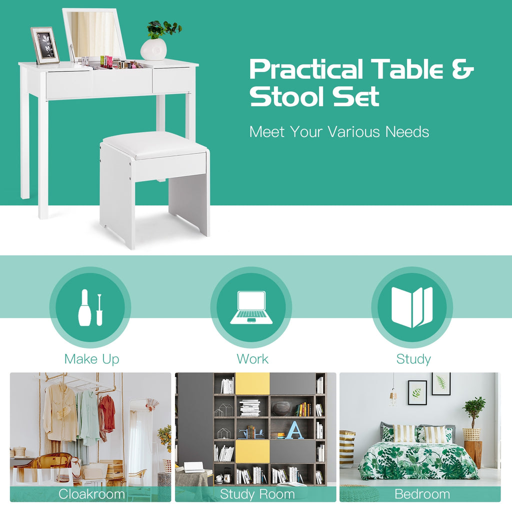 Makeup Vanity Dressing Table with Flip Top Mirror and Stool, White