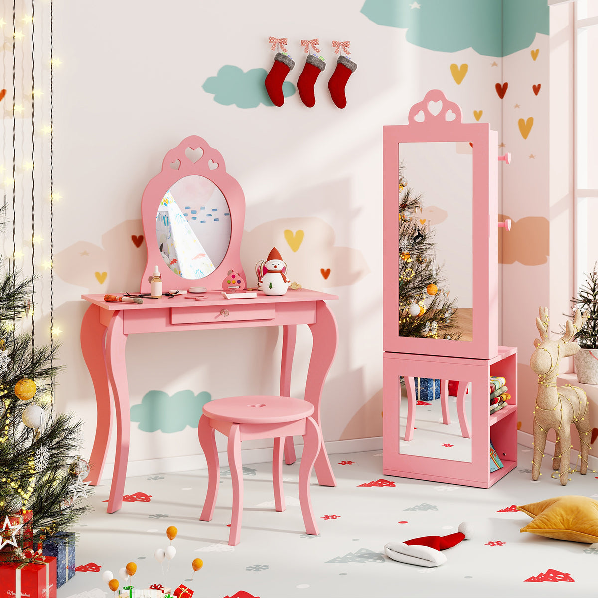 Pink 3-in-1 Kids Jewelry Cabinet Armoire with Full Length Mirror