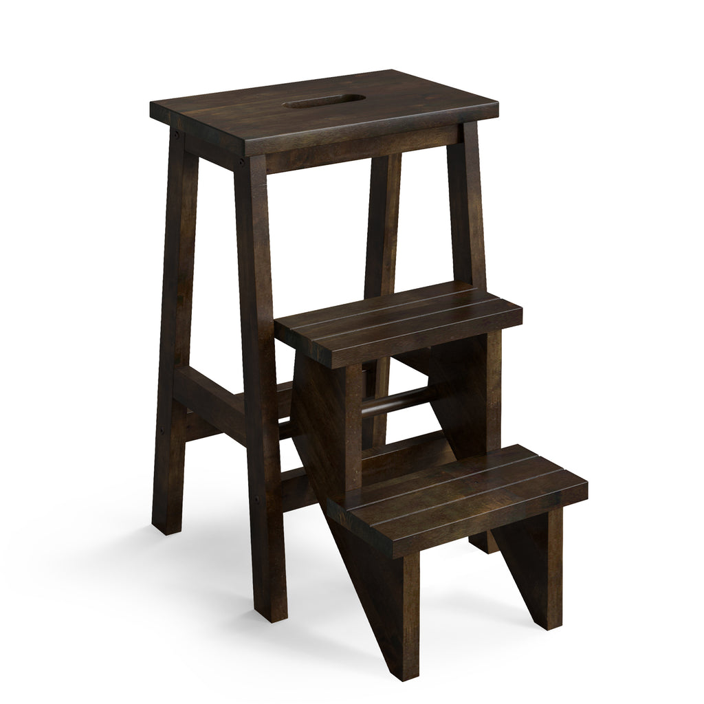 24-Inch Brown Rubber Wood Step Stool with Handle - Anti-Slip & Durable