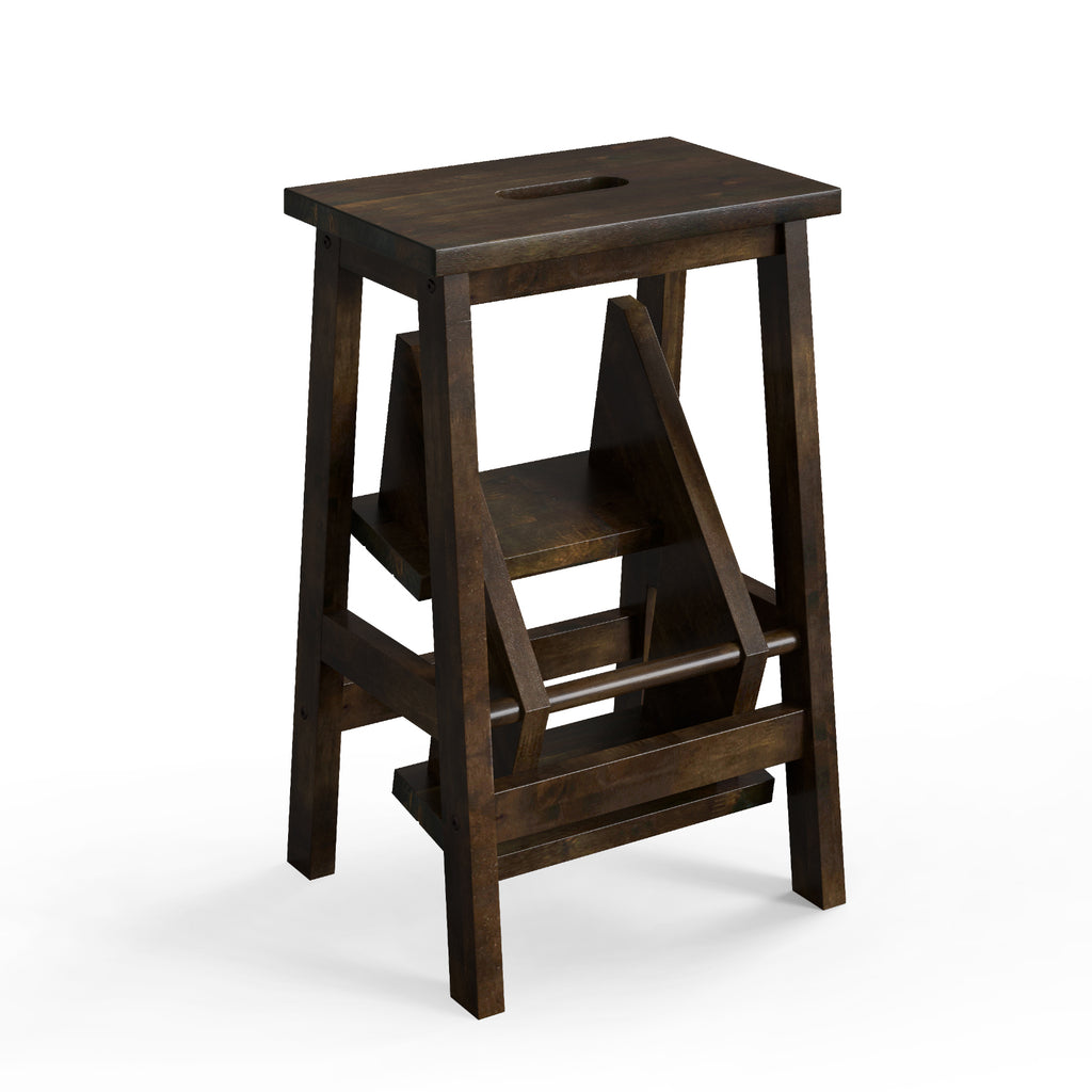 24-Inch Brown Rubber Wood Step Stool with Handle - Anti-Slip & Durable