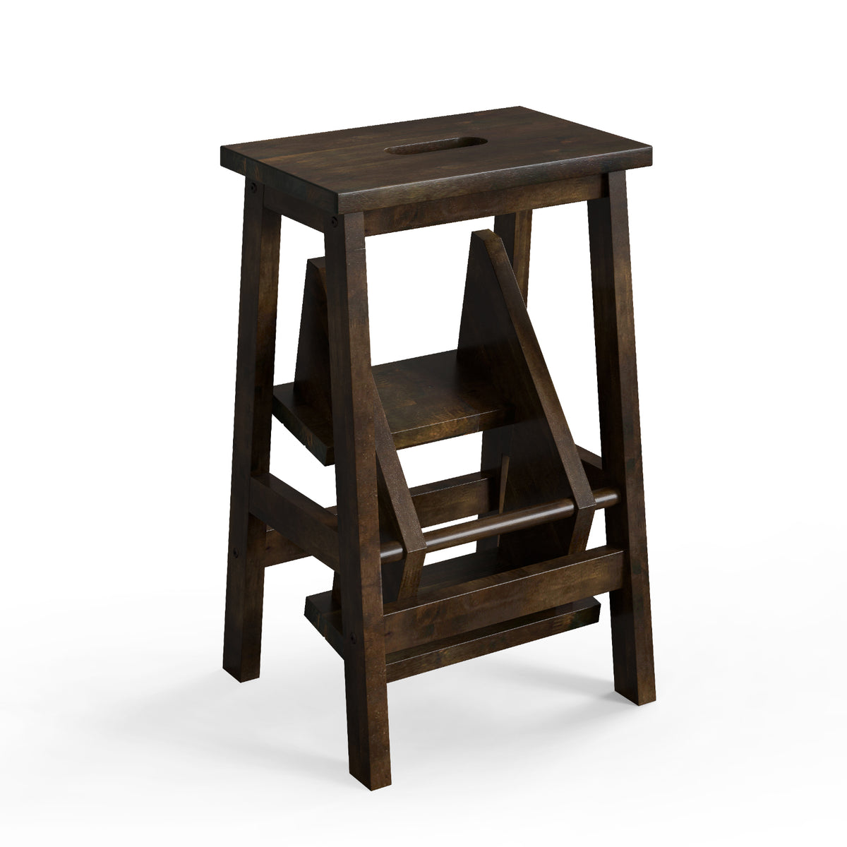24-Inch Brown Rubber Wood Step Stool with Handle - Anti-Slip & Durable