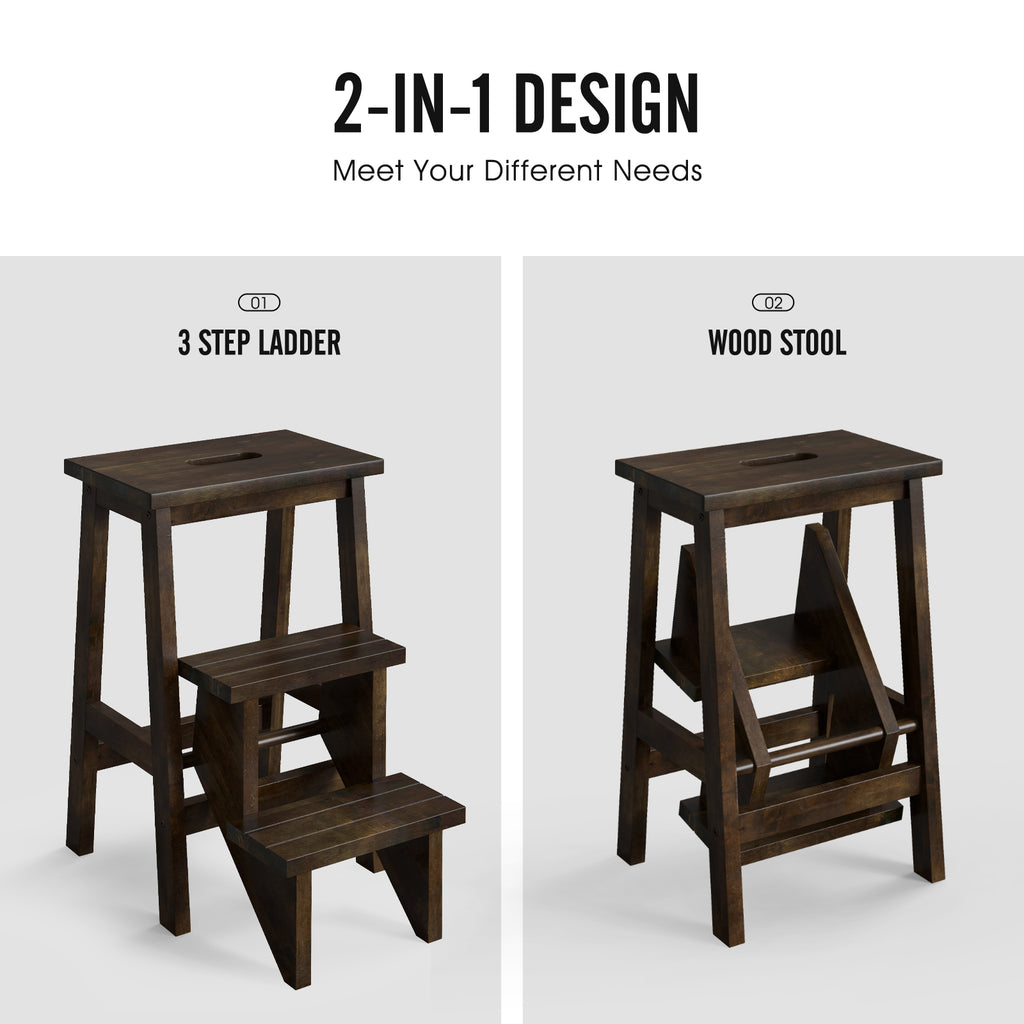 24-Inch Brown Rubber Wood Step Stool with Handle - Anti-Slip & Durable
