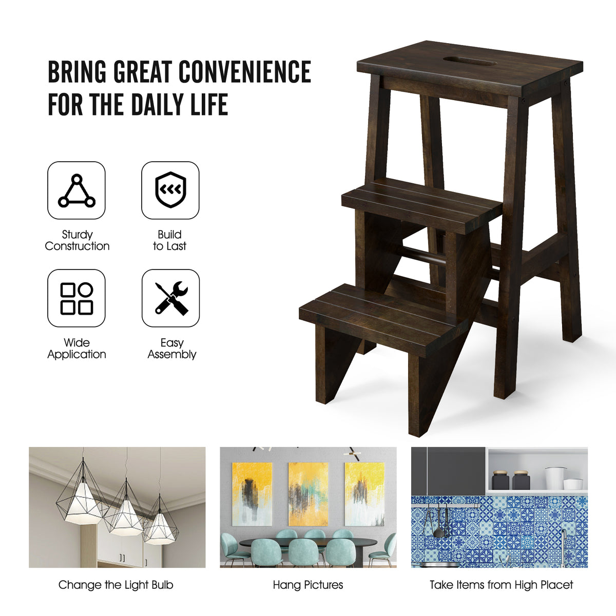 24-Inch Brown Rubber Wood Step Stool with Handle - Anti-Slip & Durable