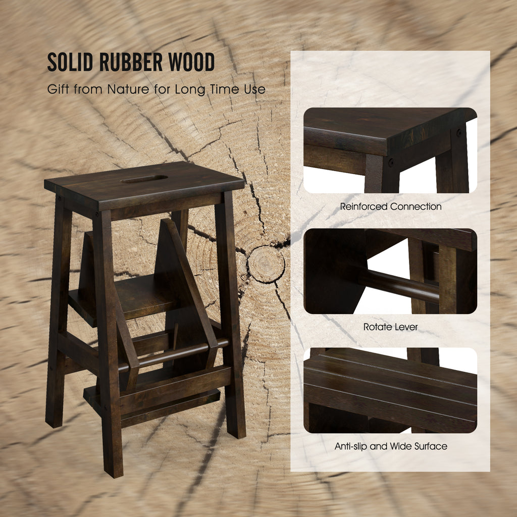 24-Inch Brown Rubber Wood Step Stool with Handle - Anti-Slip & Durable