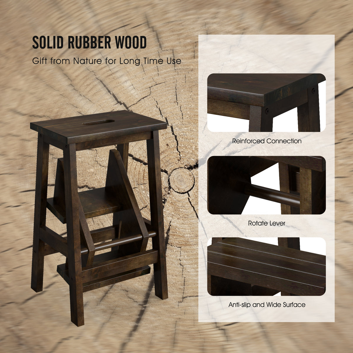 24-Inch Brown Rubber Wood Step Stool with Handle - Anti-Slip & Durable