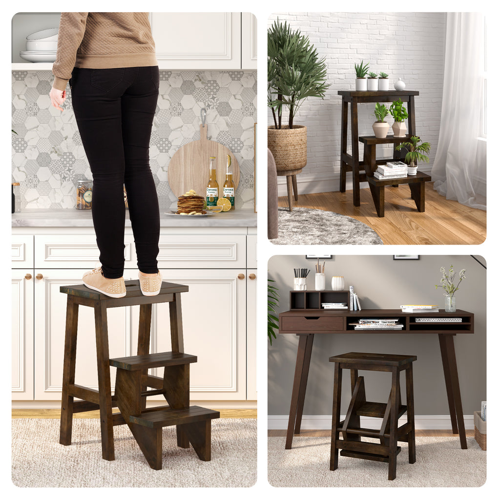 24-Inch Brown Rubber Wood Step Stool with Handle - Anti-Slip & Durable