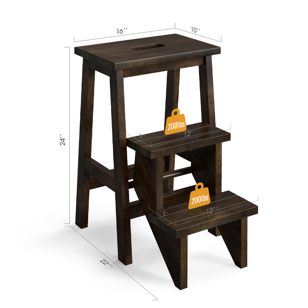 24-Inch Brown Rubber Wood Step Stool with Handle - Anti-Slip & Durable