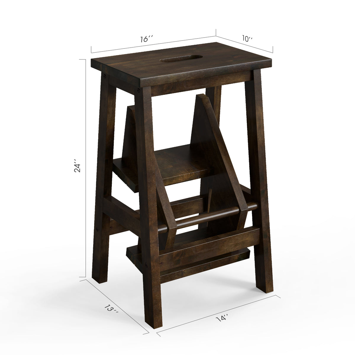 24-Inch Brown Rubber Wood Step Stool with Handle - Anti-Slip & Durable