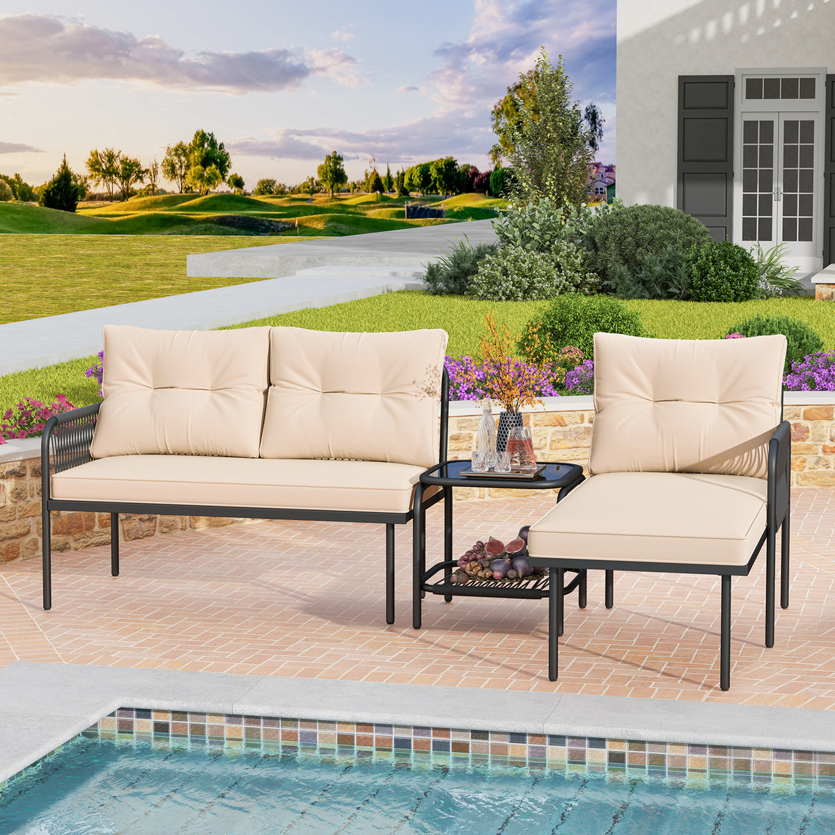 3-Piece L-Shaped Patio Sectional Sofa Set with Glass Table - Beige
