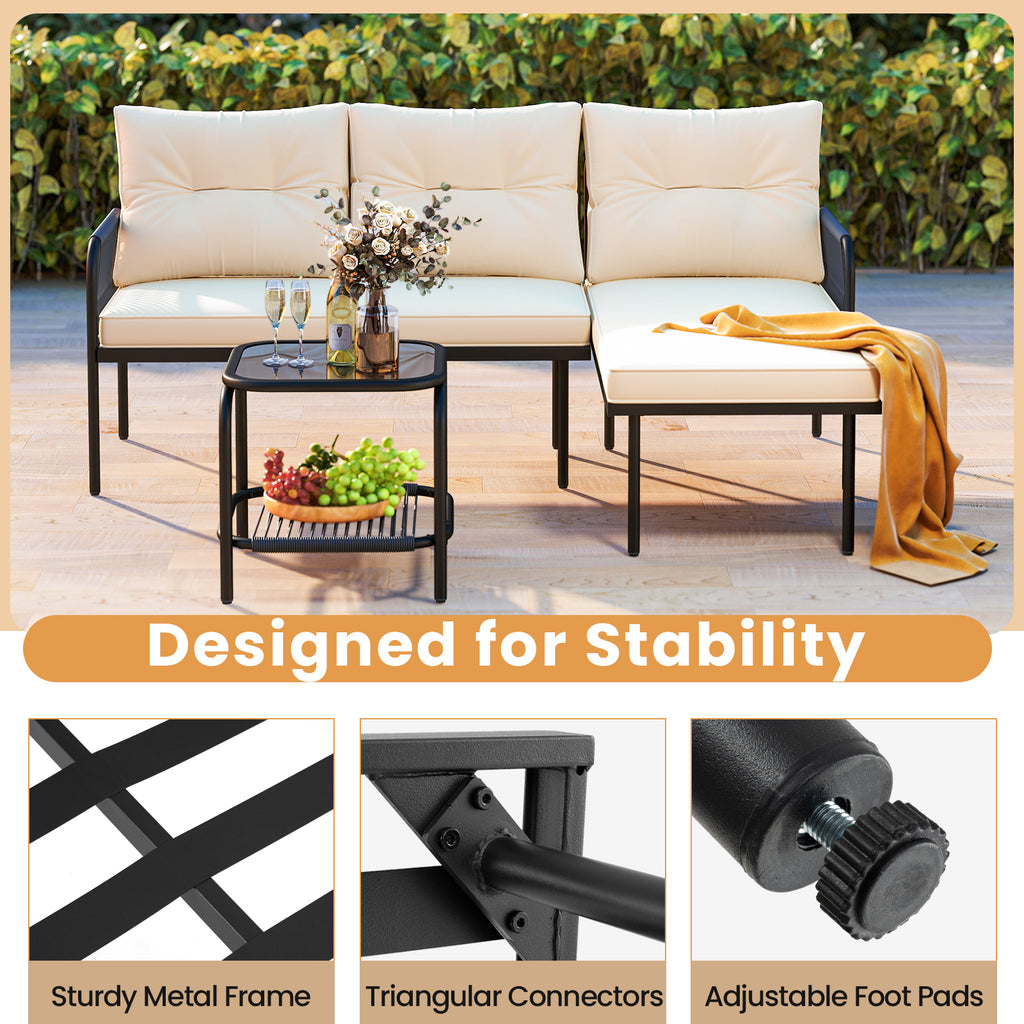 3-Piece L-Shaped Patio Sectional Sofa Set with Glass Table - Beige