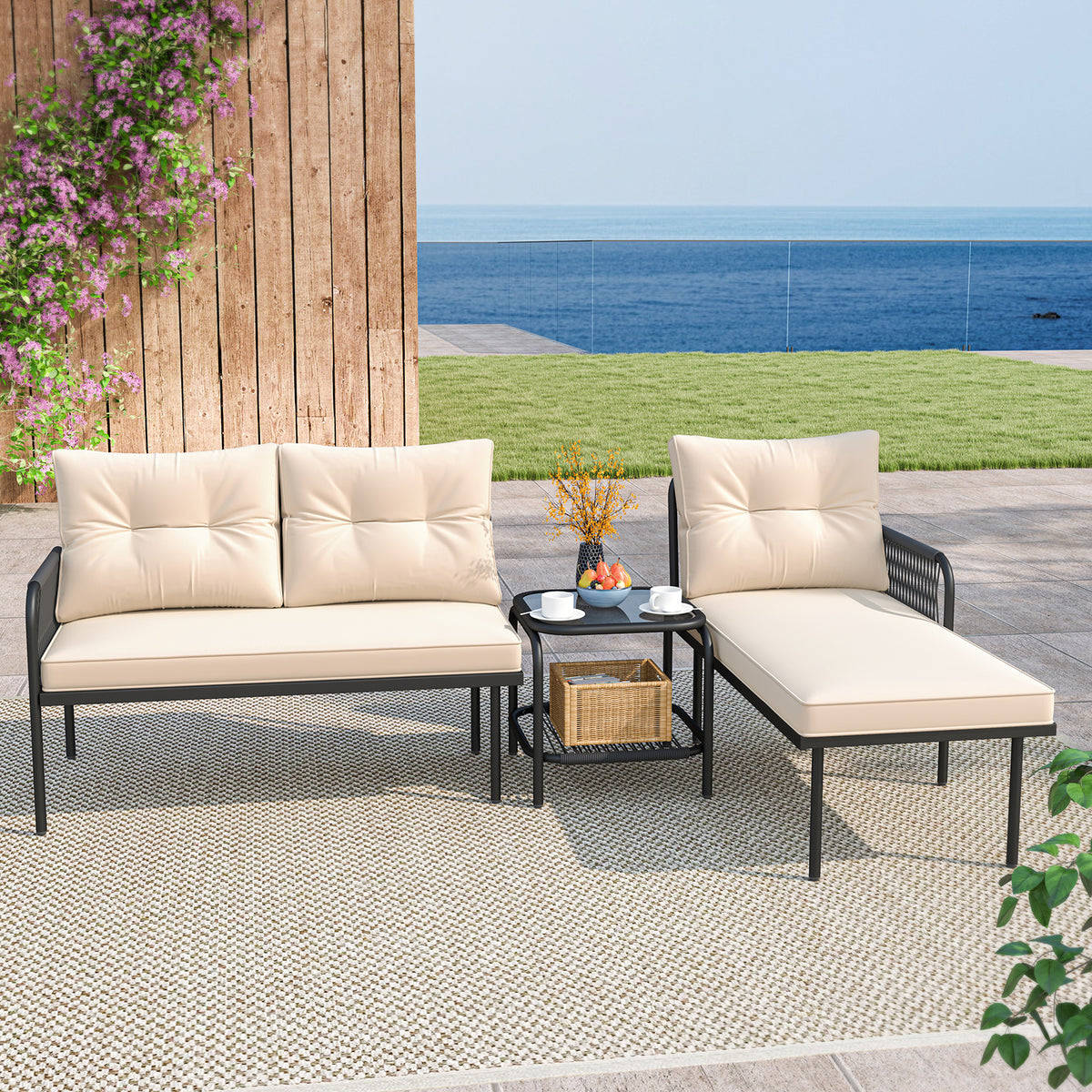 3-Piece L-Shaped Patio Sectional Sofa Set with Glass Table - Beige