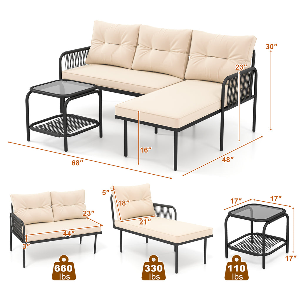 3-Piece L-Shaped Patio Sectional Sofa Set with Glass Table - Beige