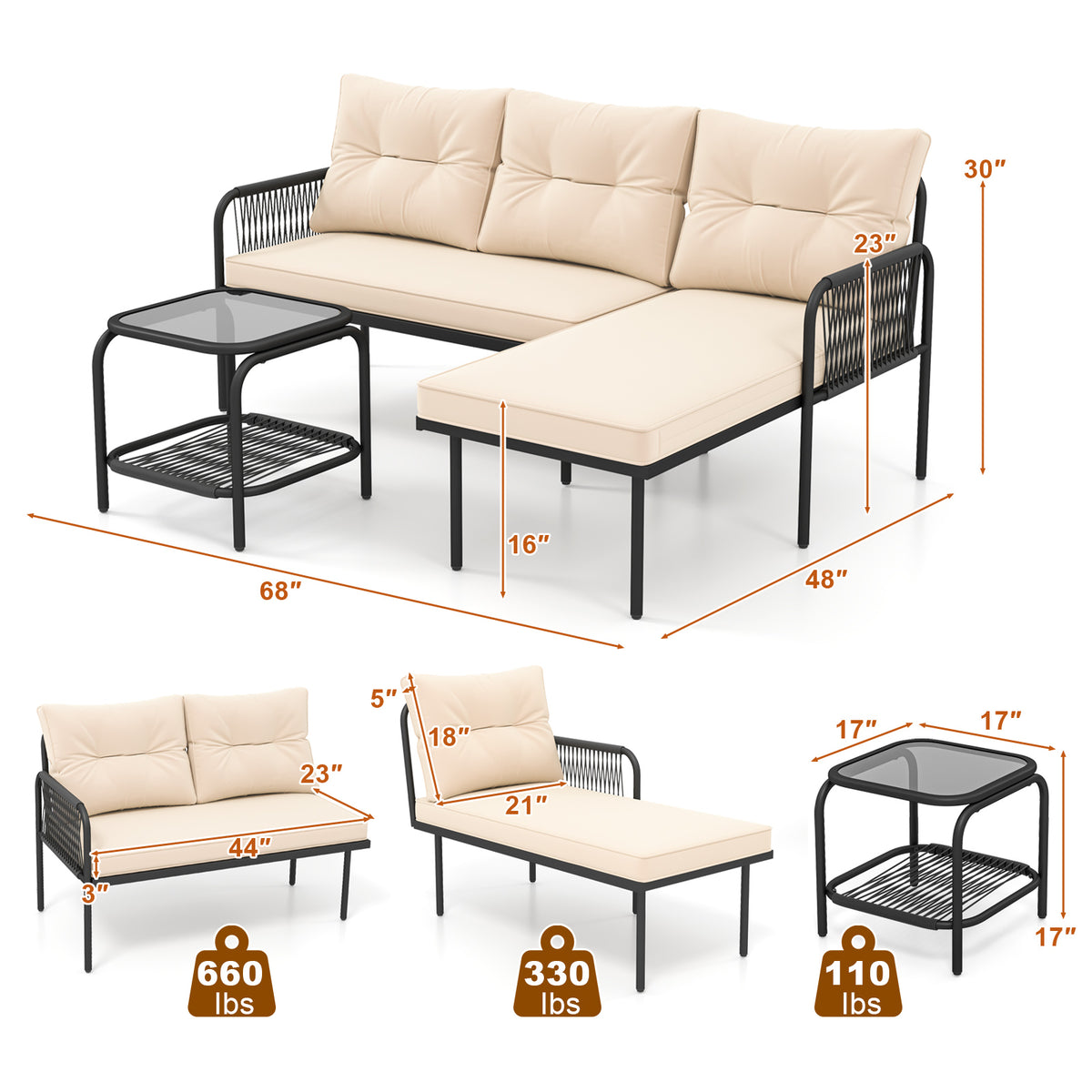 3-Piece L-Shaped Patio Sectional Sofa Set with Glass Table - Beige