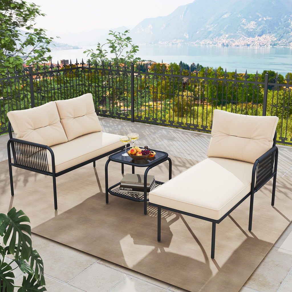 3-Piece L-Shaped Patio Sectional Sofa Set with Glass Table - Beige
