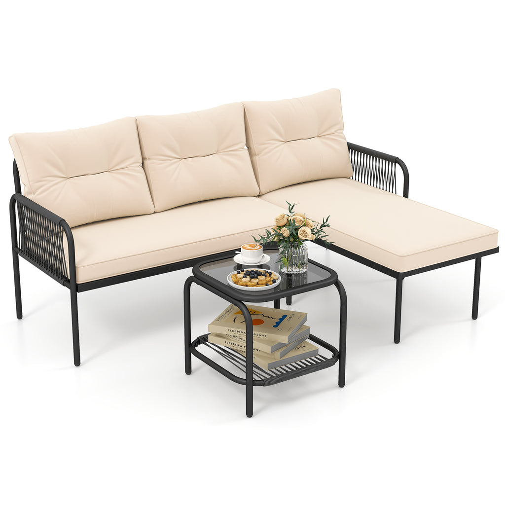 3-Piece L-Shaped Patio Sectional Sofa Set with Glass Table - Beige