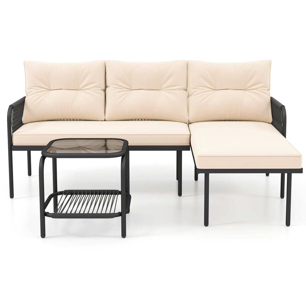 3-Piece L-Shaped Patio Sectional Sofa Set with Glass Table - Beige