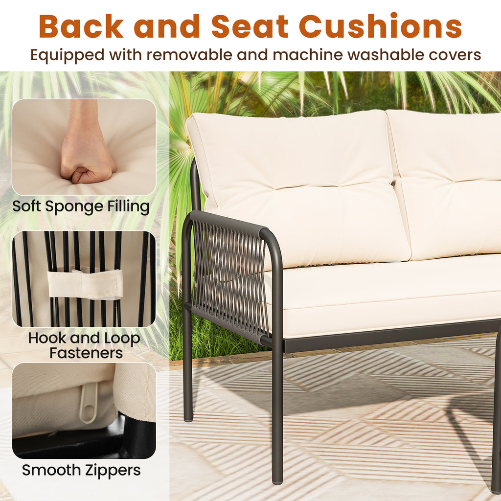 3-Piece L-Shaped Patio Sectional Sofa Set with Glass Table - Beige