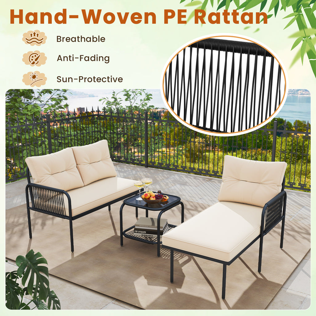 3-Piece L-Shaped Patio Sectional Sofa Set with Glass Table - Beige