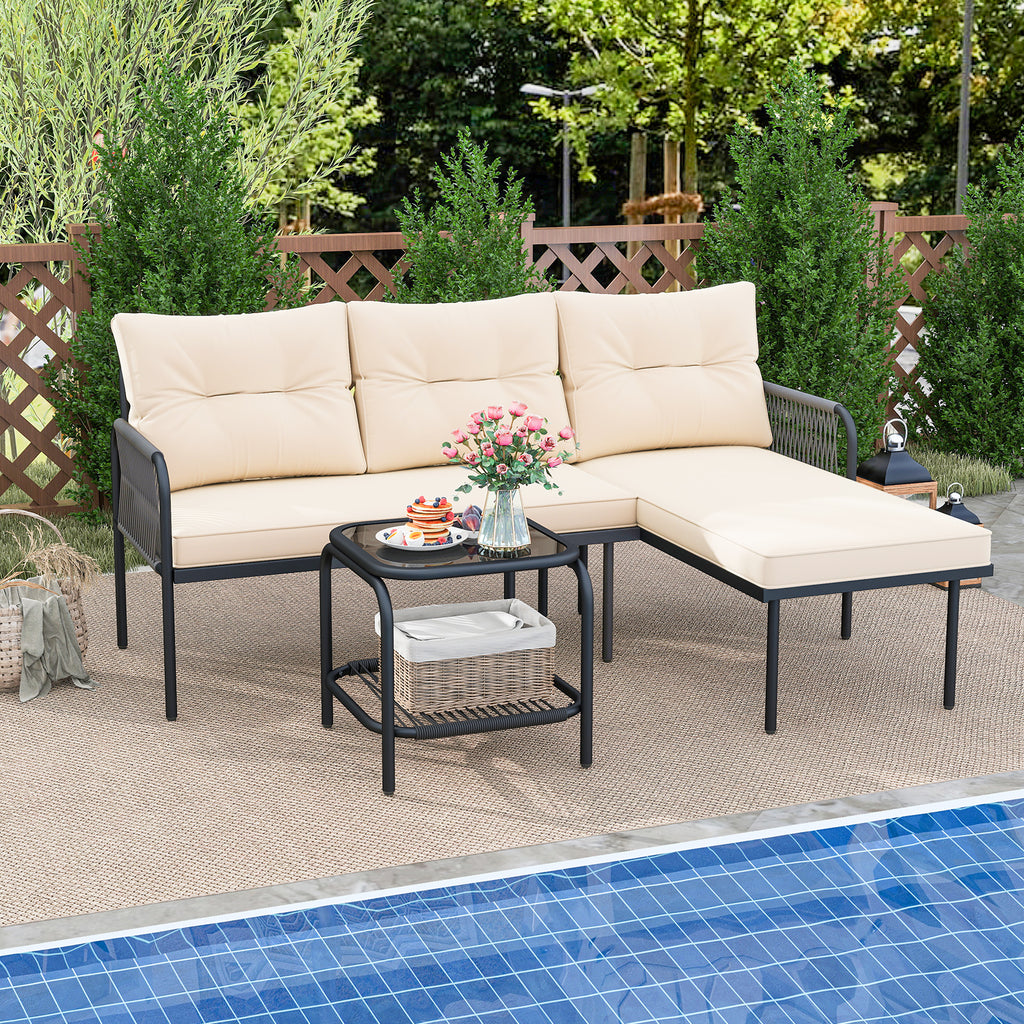 3-Piece L-Shaped Patio Sectional Sofa Set with Glass Table - Beige