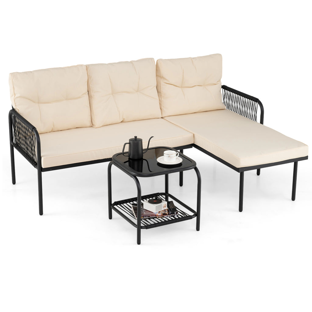 3-Piece L-Shaped Patio Sectional Sofa Set with Glass Table - Beige