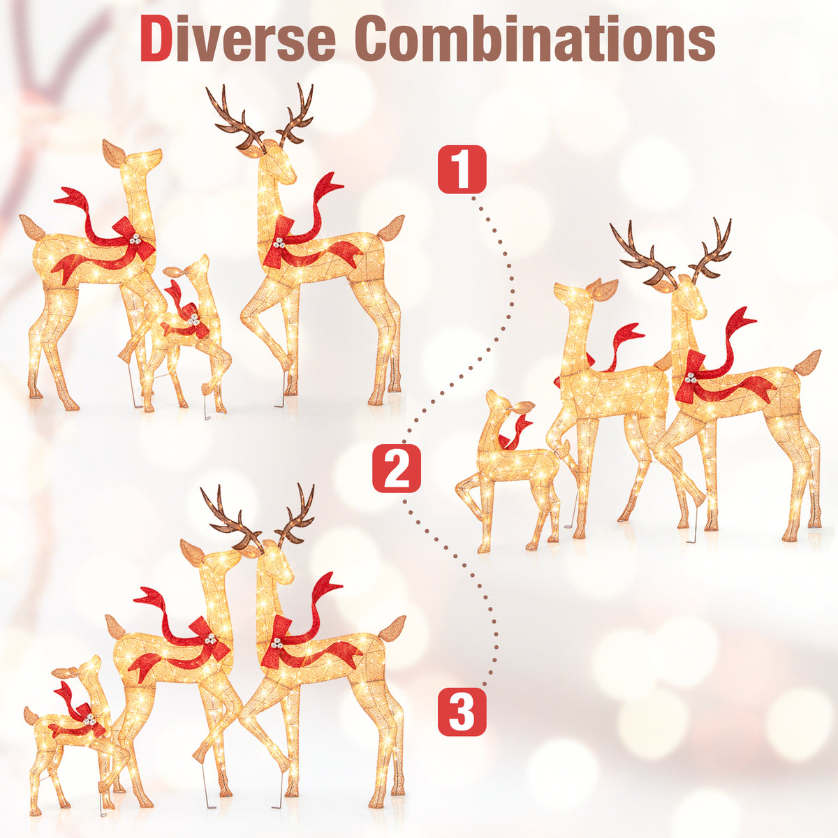 3-Piece Pre-Lit Christmas Deer Family Set - Outdoor Indoor Holiday Decor