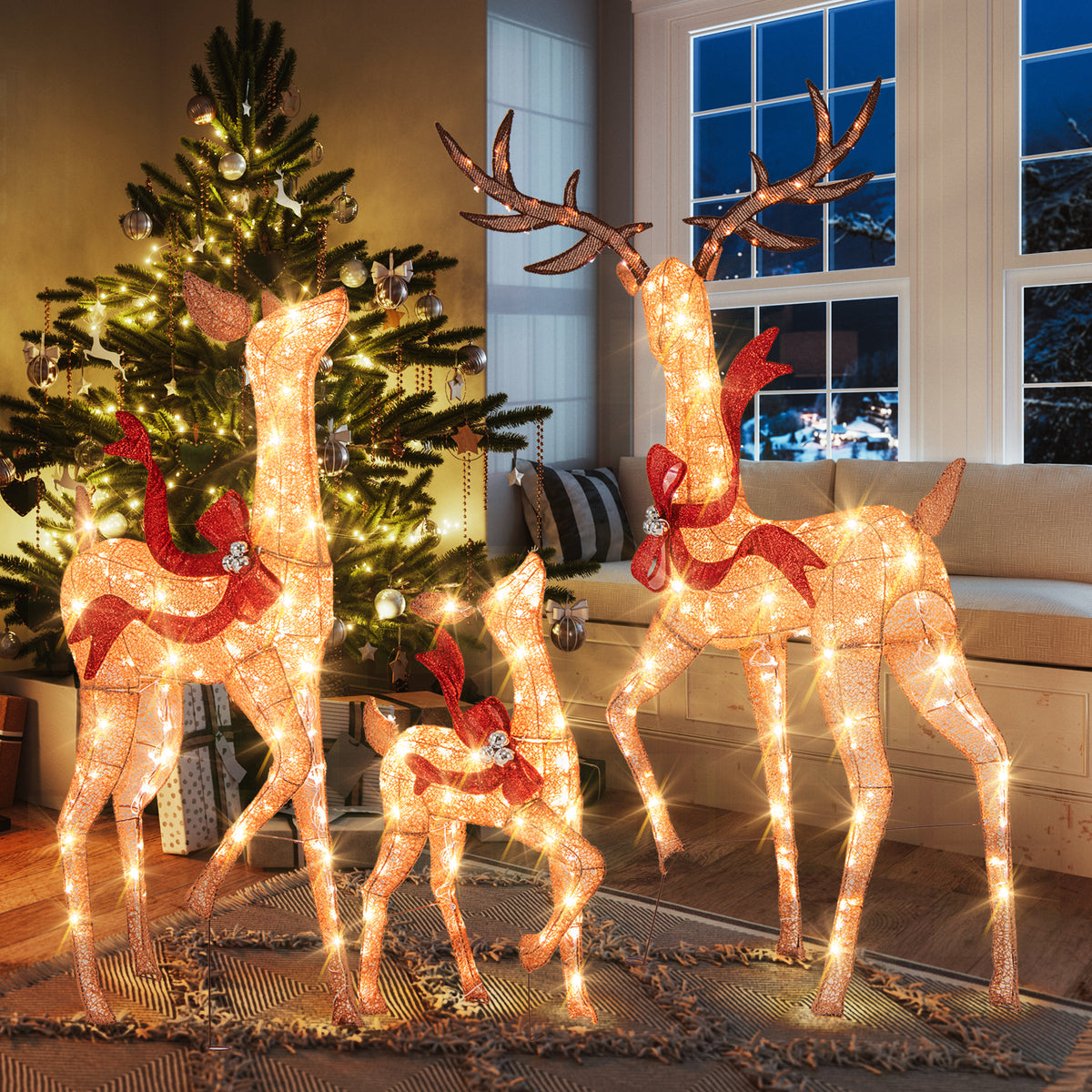 3-Piece Pre-Lit Christmas Deer Family Set - Outdoor Indoor Holiday Decor