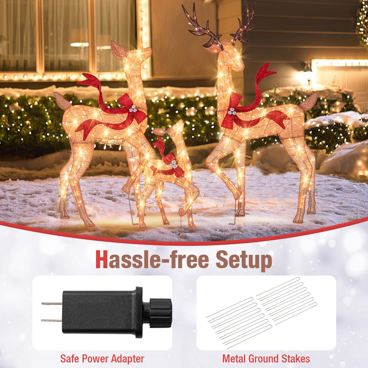 3-Piece Pre-Lit Christmas Deer Family Set - Outdoor Indoor Holiday Decor