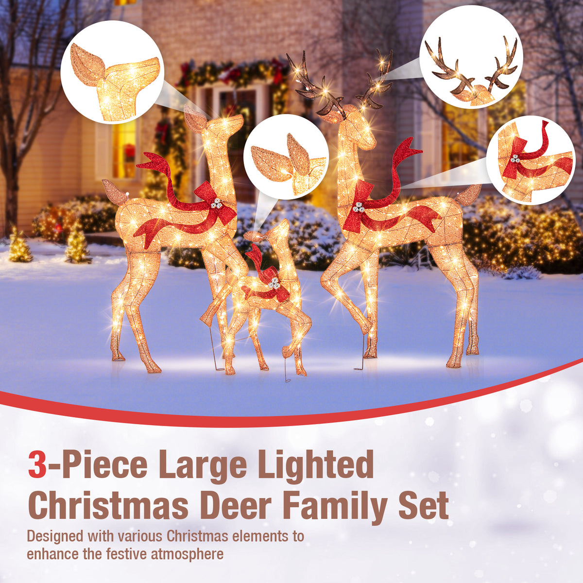 3-Piece Pre-Lit Christmas Deer Family Set - Outdoor Indoor Holiday Decor