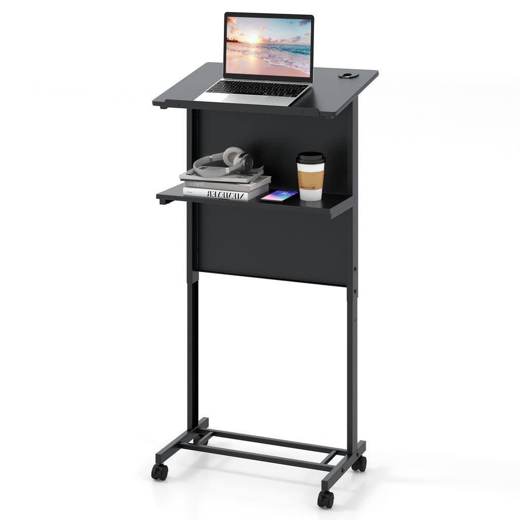 3-Position Height Adjustable Lectern Table with Tilted Tabletop - Black
