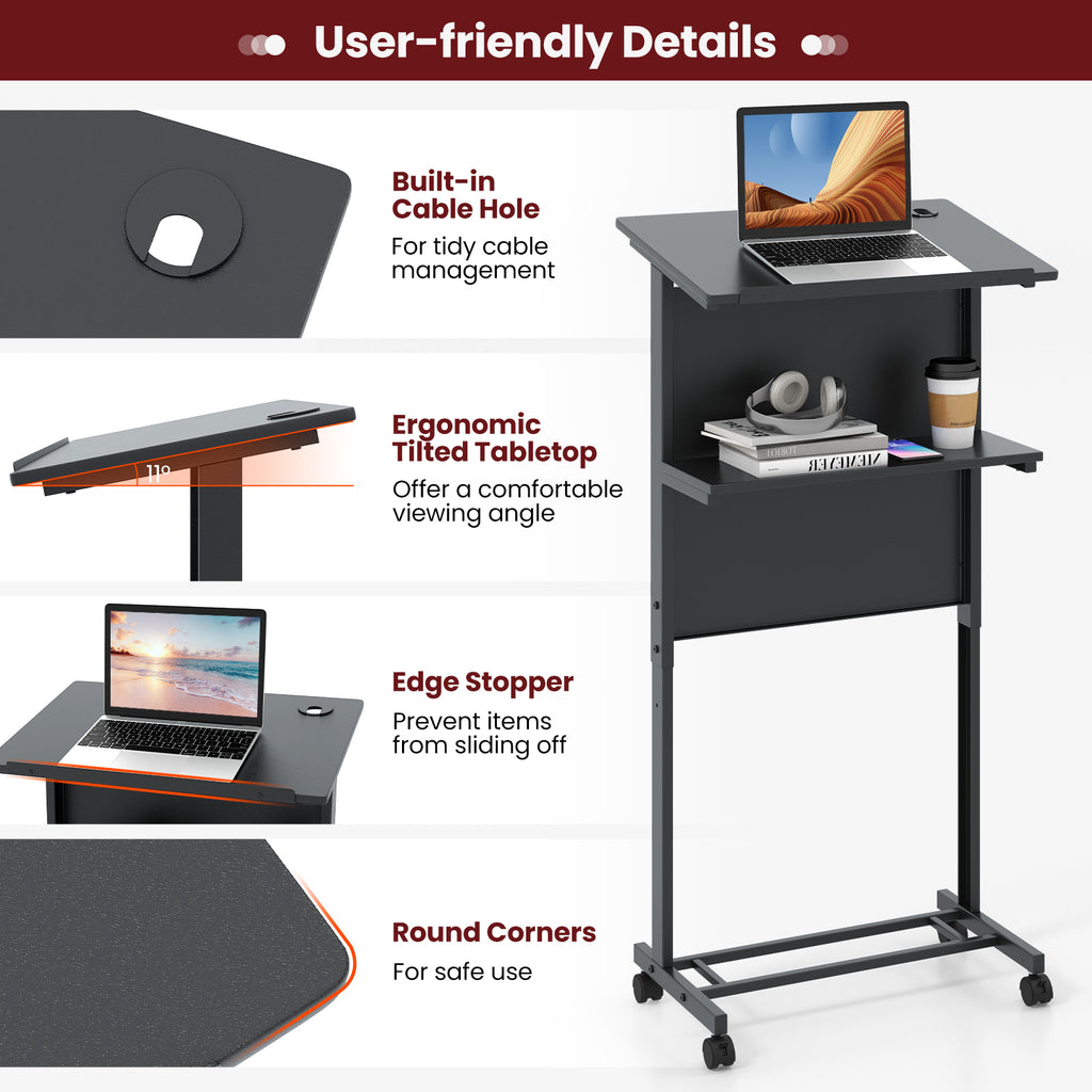 3-Position Height Adjustable Lectern Table with Tilted Tabletop - Black
