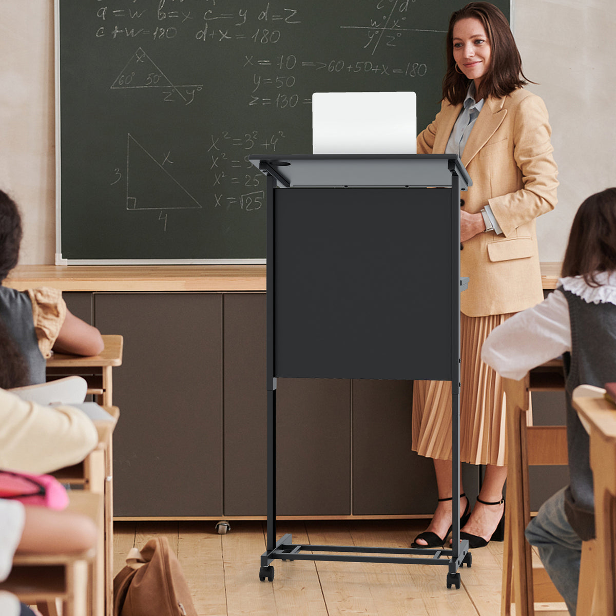 3-Position Height Adjustable Lectern Table with Tilted Tabletop - Black