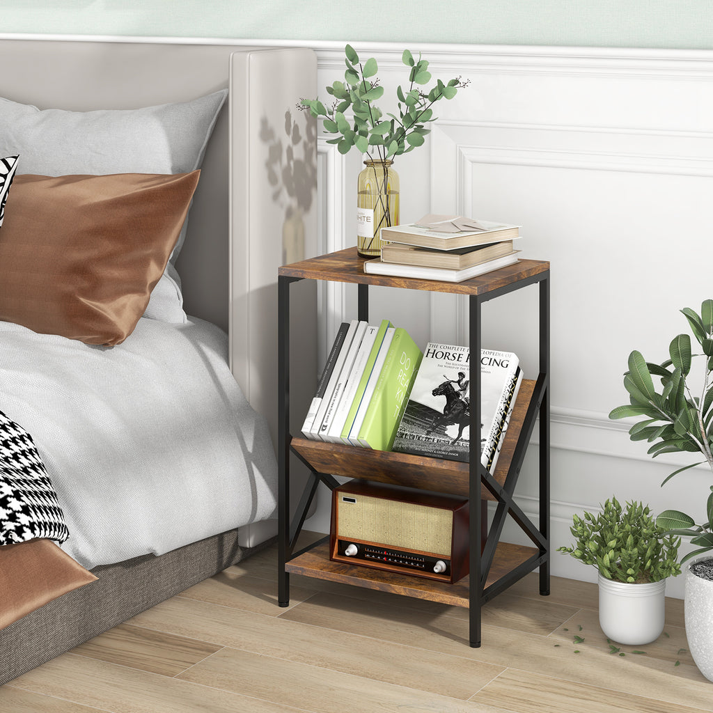 3-Tier Industrial Side Table with V-shaped Bookshelf, Rustic Brown