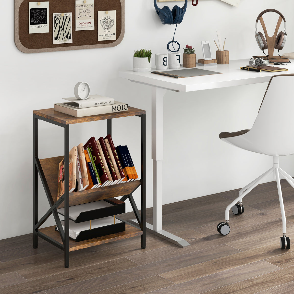 3-Tier Industrial Side Table with V-shaped Bookshelf, Rustic Brown