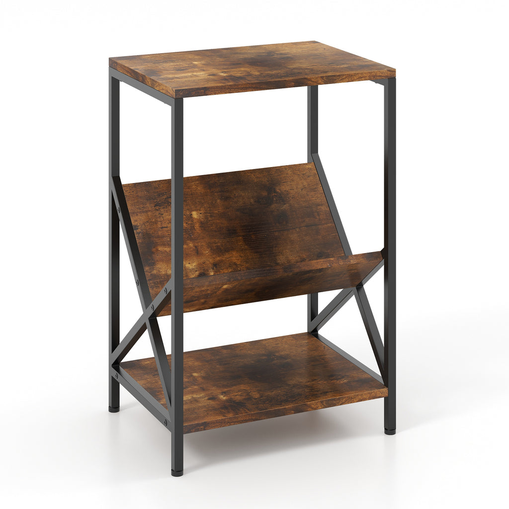 3-Tier Industrial Side Table with V-shaped Bookshelf, Rustic Brown