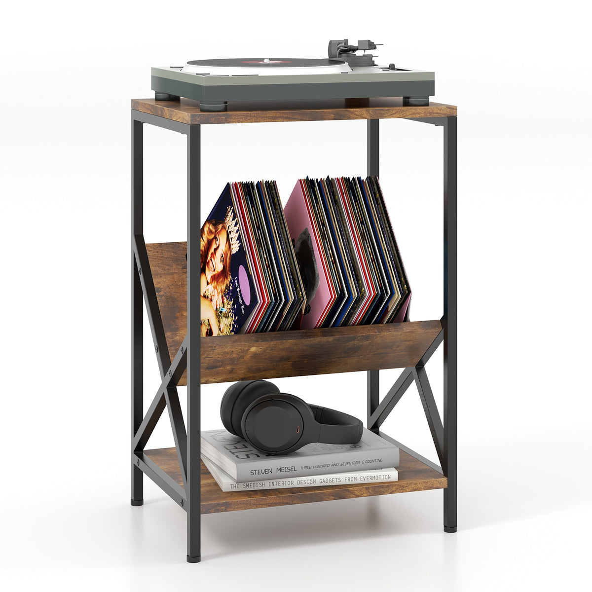 3-Tier Industrial Side Table with V-shaped Bookshelf, Rustic Brown