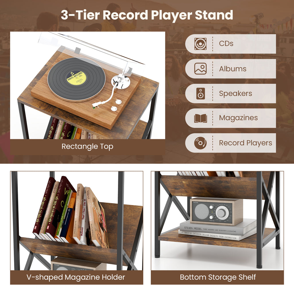 3-Tier Industrial Side Table with V-shaped Bookshelf, Rustic Brown