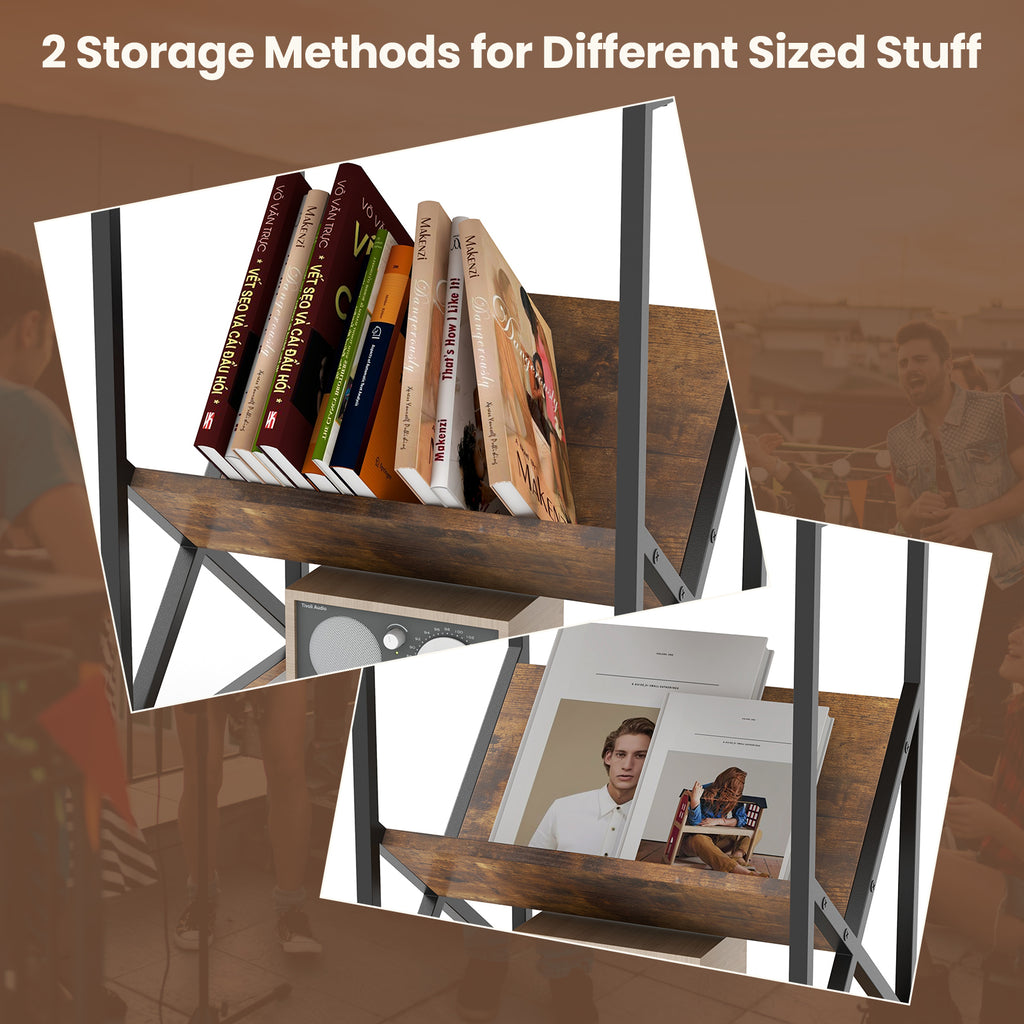 3-Tier Industrial Side Table with V-shaped Bookshelf, Rustic Brown