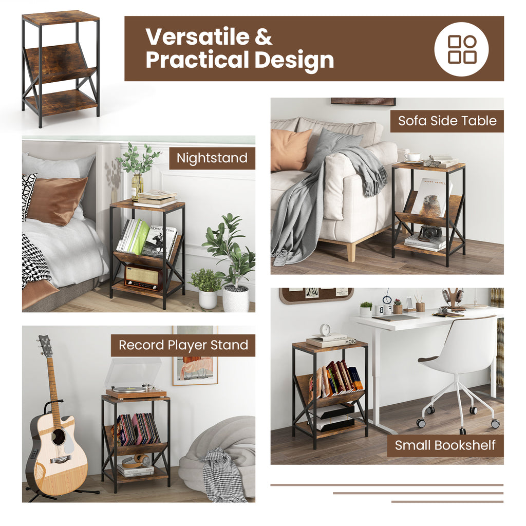 3-Tier Industrial Side Table with V-shaped Bookshelf, Rustic Brown