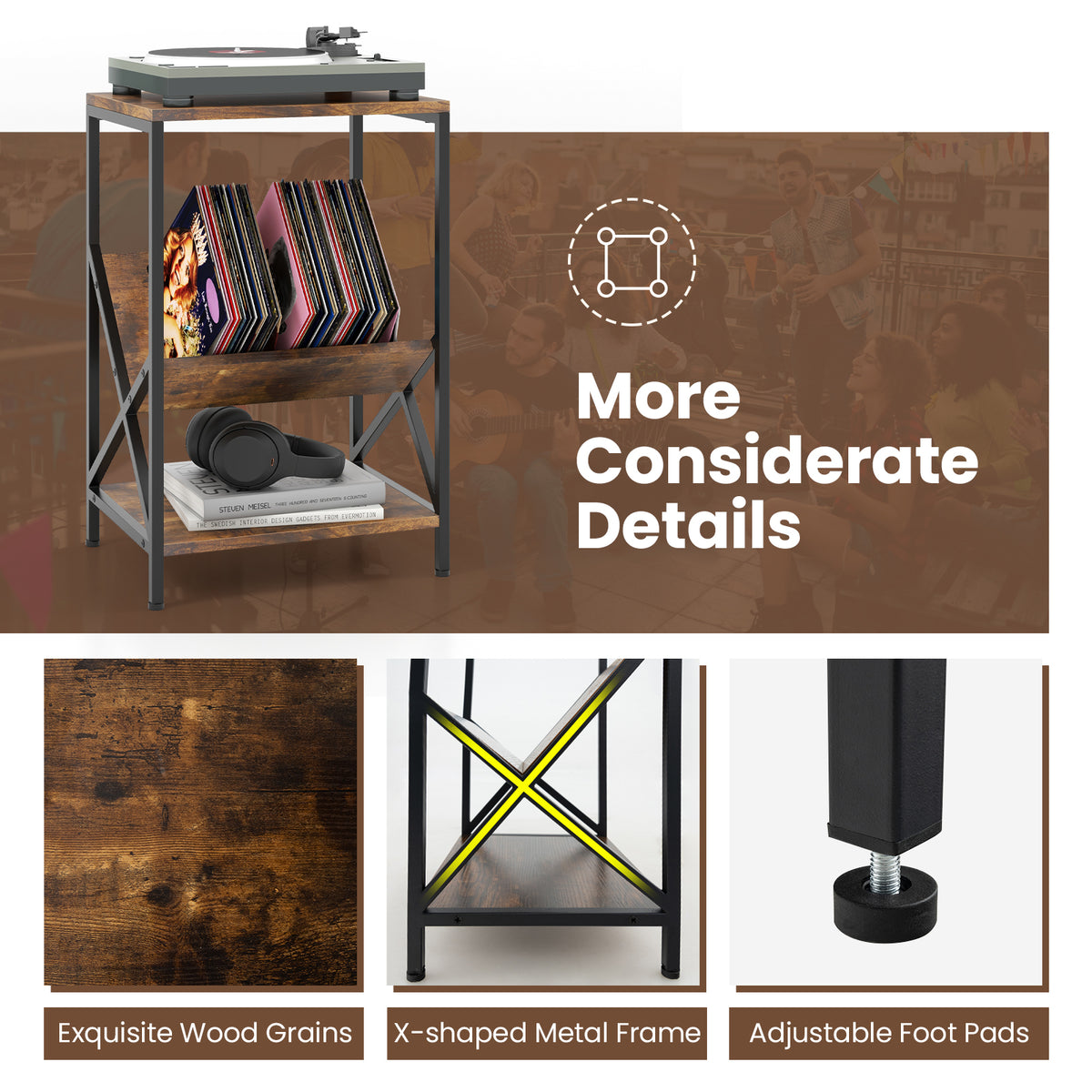 3-Tier Industrial Side Table with V-shaped Bookshelf, Rustic Brown