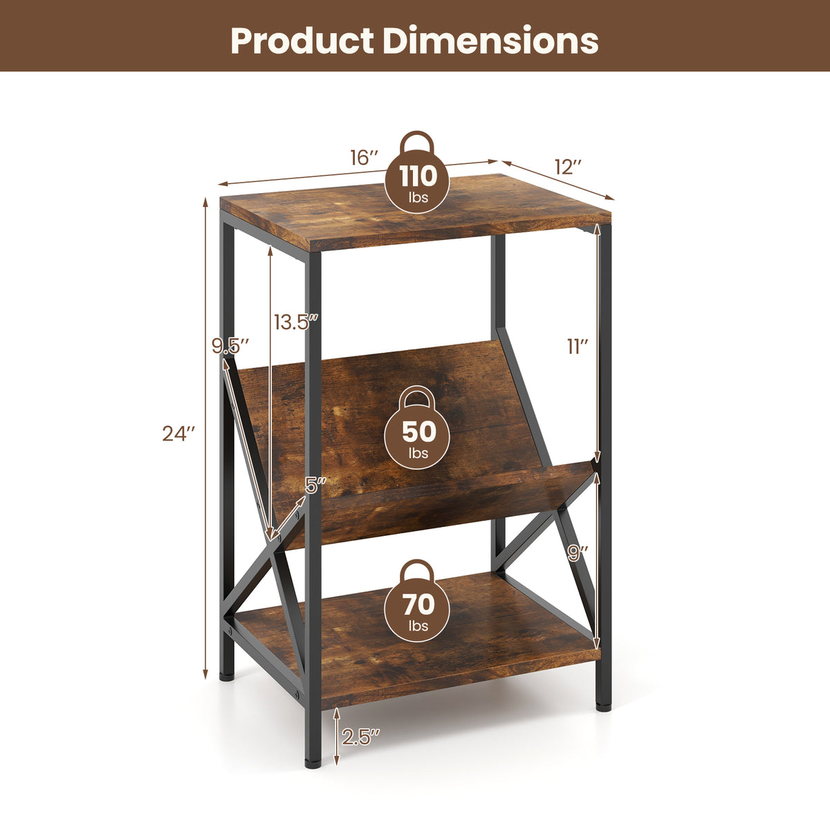 3-Tier Industrial Side Table with V-shaped Bookshelf, Rustic Brown