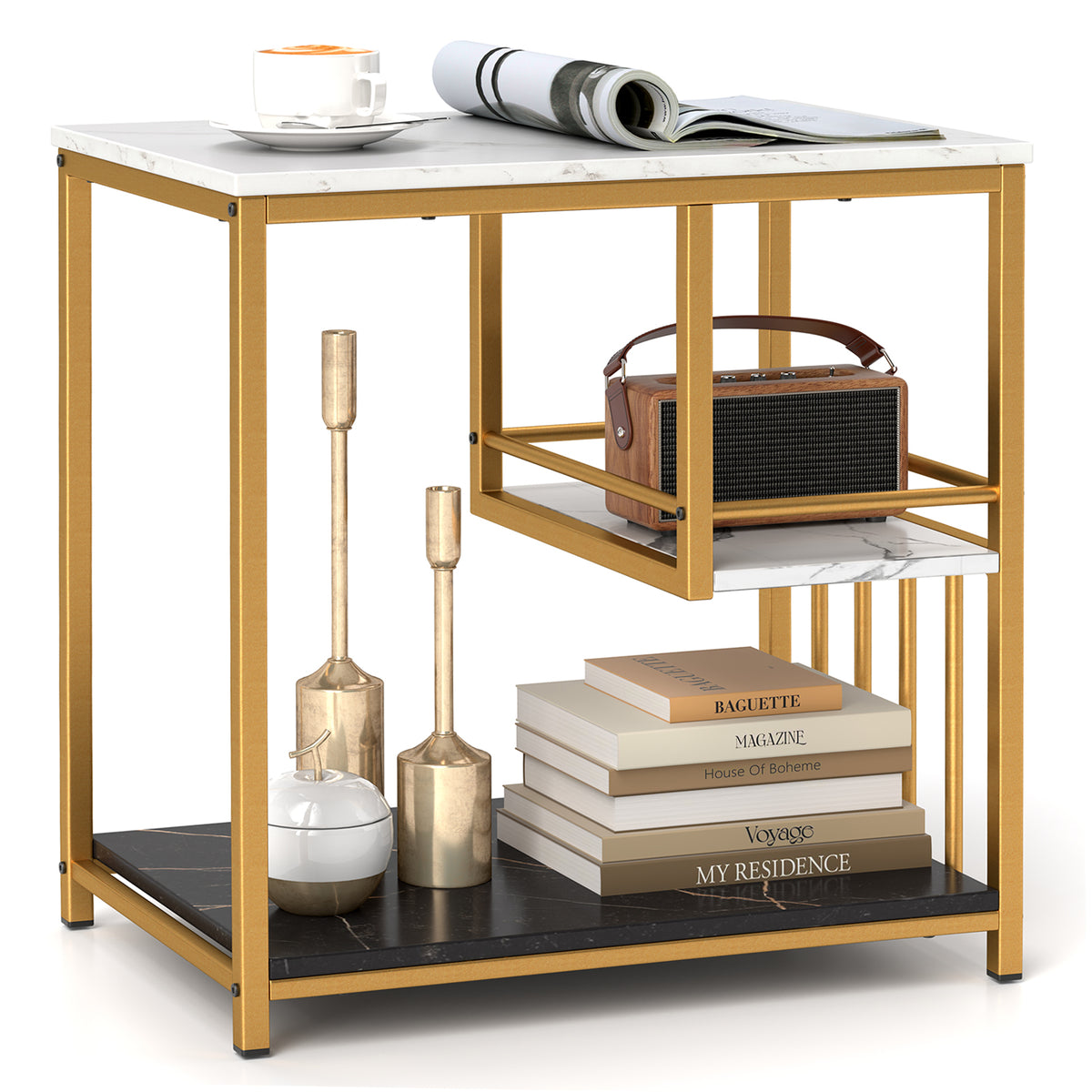 3-Tier Side Table with Storage, Golden